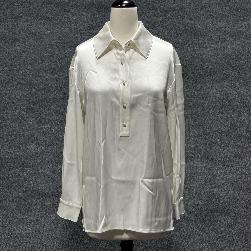 St John Top Womens 2 White Satin Long Sleeve Popover Blouse K529VW91 Shirt